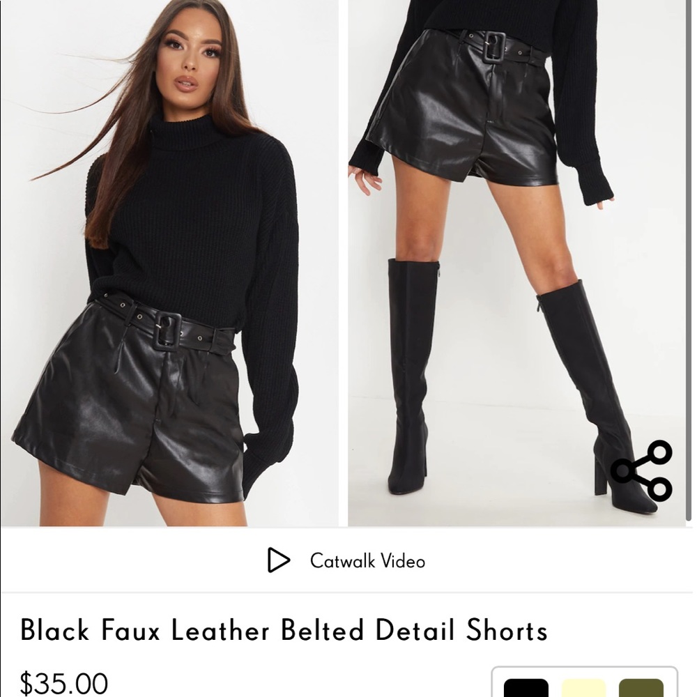 Black Faux Leather Belted Detail Shorts